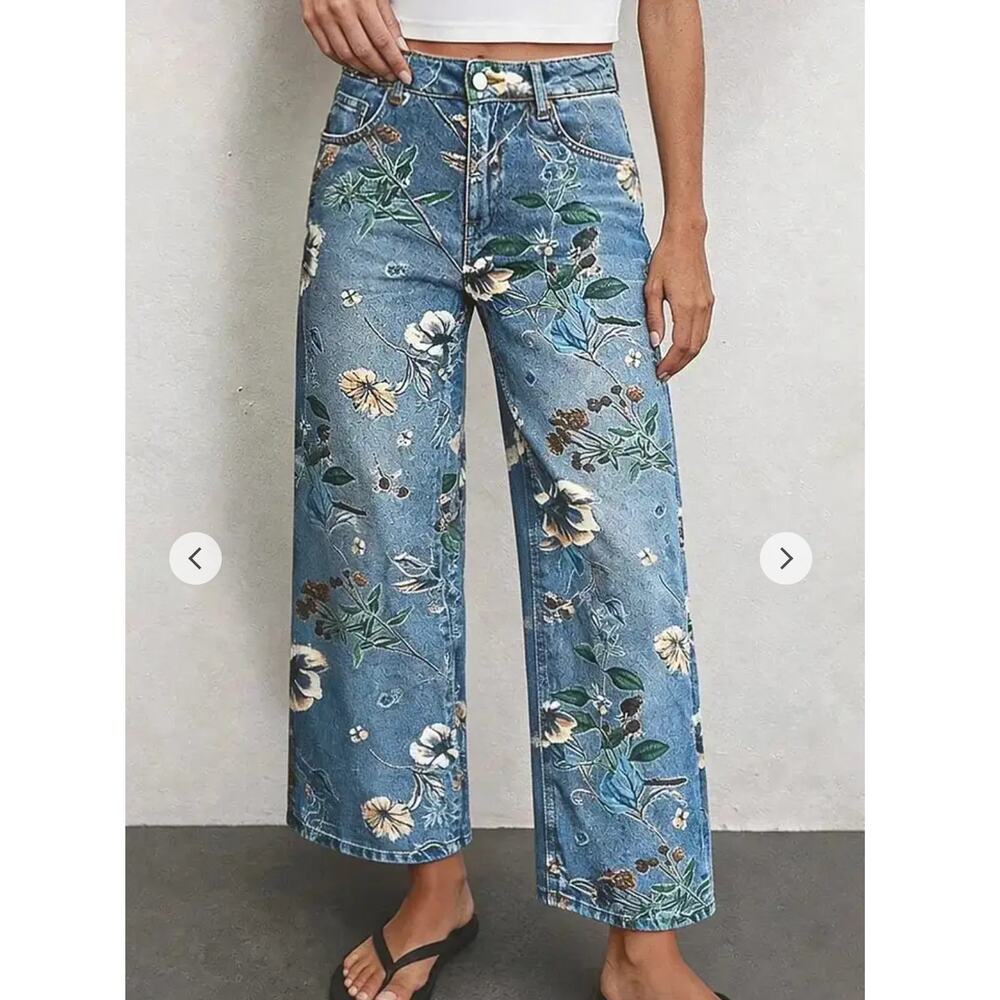 NWT Flamingals Allover Floral Pattern Straight Leg High Rise Crop Jeans Sz 4X